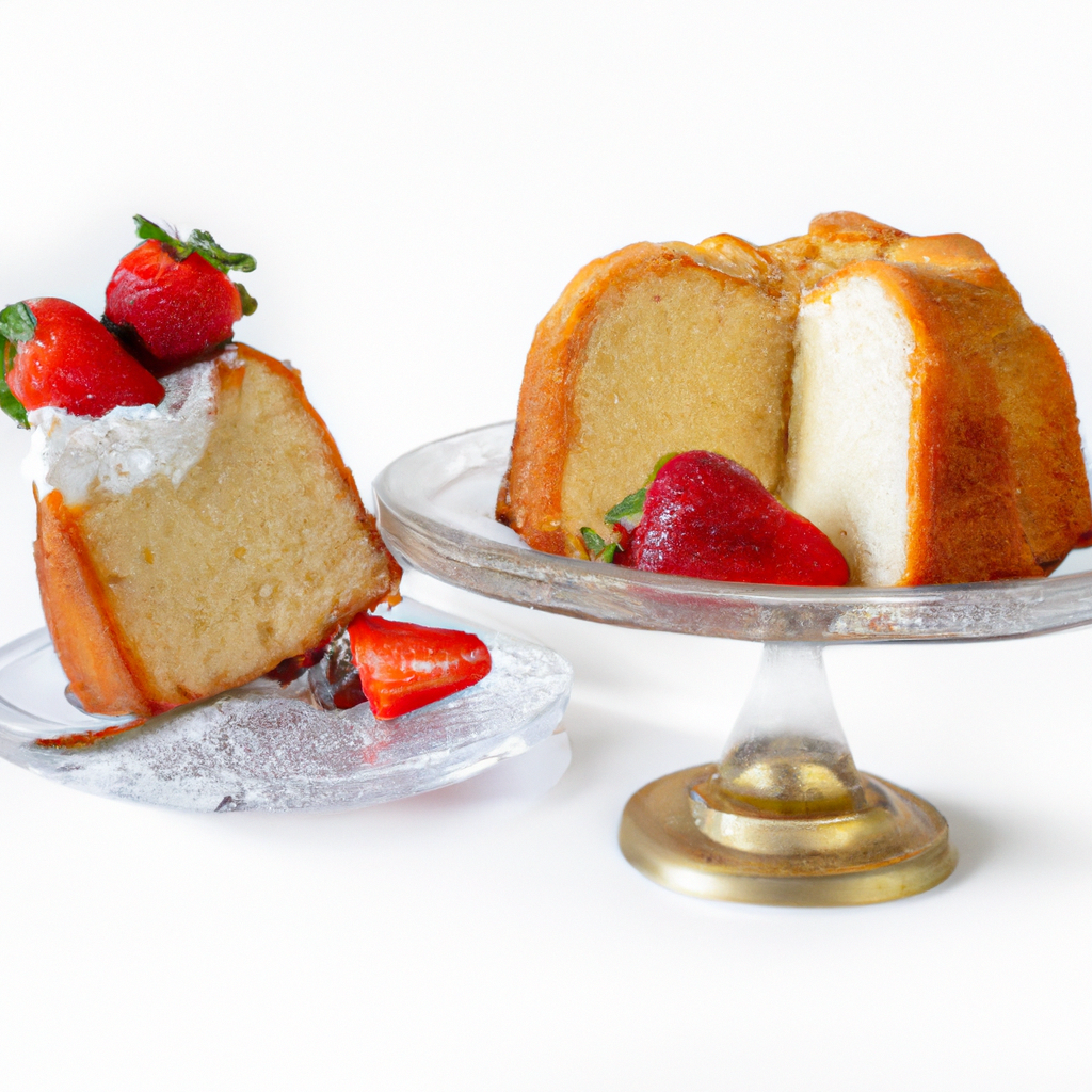 An image showcasing a golden-brown Cream Cheese Pound Cake, its moist crumb delicately sliced, adorned with a dollop of whipped cream, and garnished with vibrant strawberries on a vintage cake stand