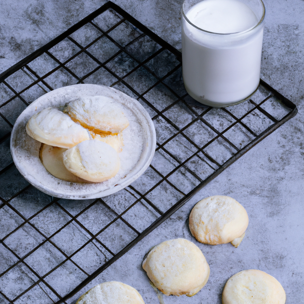 An image that showcases the irresistible allure of cream cheese sugar cookies: a perfectly golden batch, lightly dusted with powdered sugar, cooling on a wire rack, while a glass of milk sits nearby