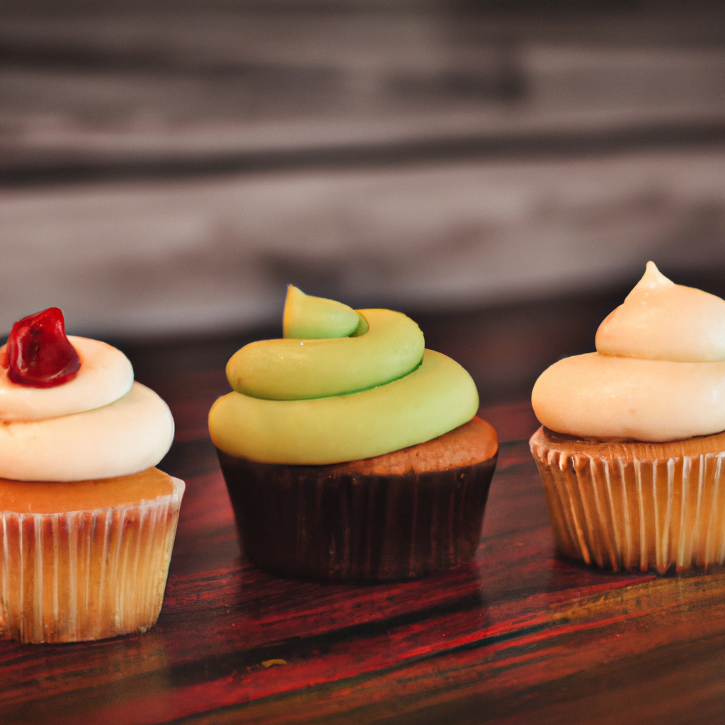 An image showcasing a vibrant assortment of mouthwatering cupcakes, each adorned with meticulously piped swirls of creamy frosting in a variety of delectable flavors