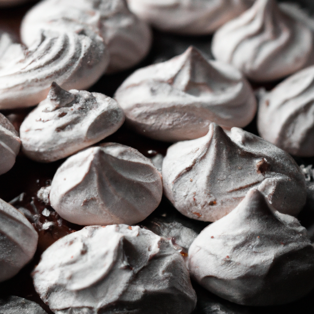a close-up shot of a stack of delicate, cloud-like meringue cookies, featuring a glossy double chocolate exterior
