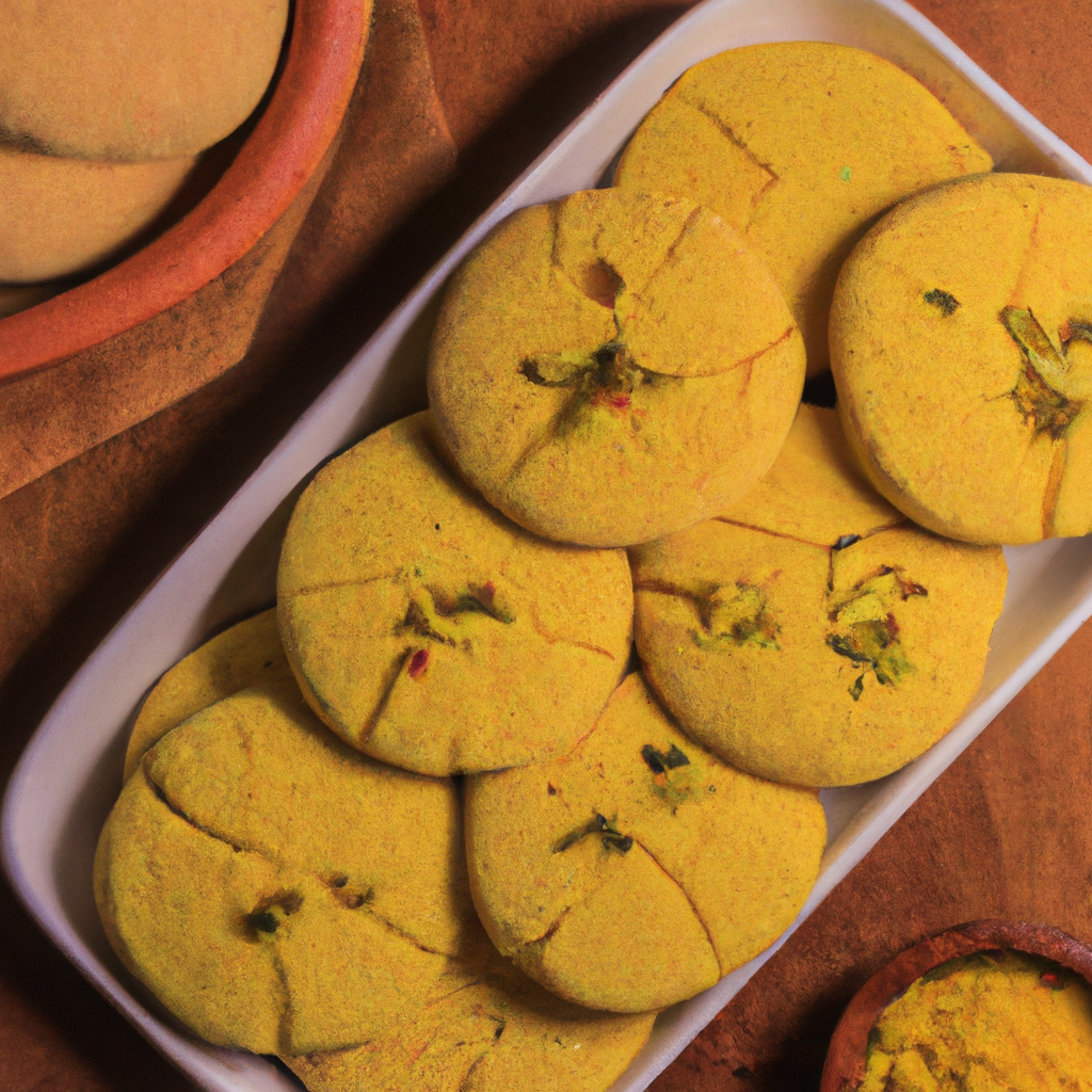 An image featuring a golden-brown, flaky biscuit with a crispy exterior and a generous sprinkle of aromatic masala spices