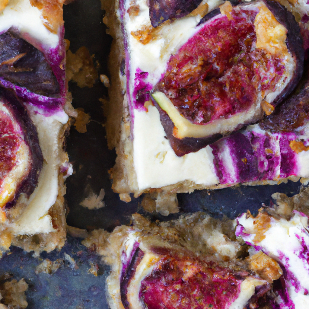 An image capturing the lusciousness of Fig and Cream Cheese Bars: A golden crust cradles a velvety cream cheese layer topped with succulent figs, their deep purple hues bursting with sweetness