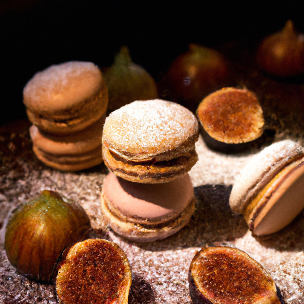 An image showcasing the golden-brown macaroons, adorned with a delicate fig slice