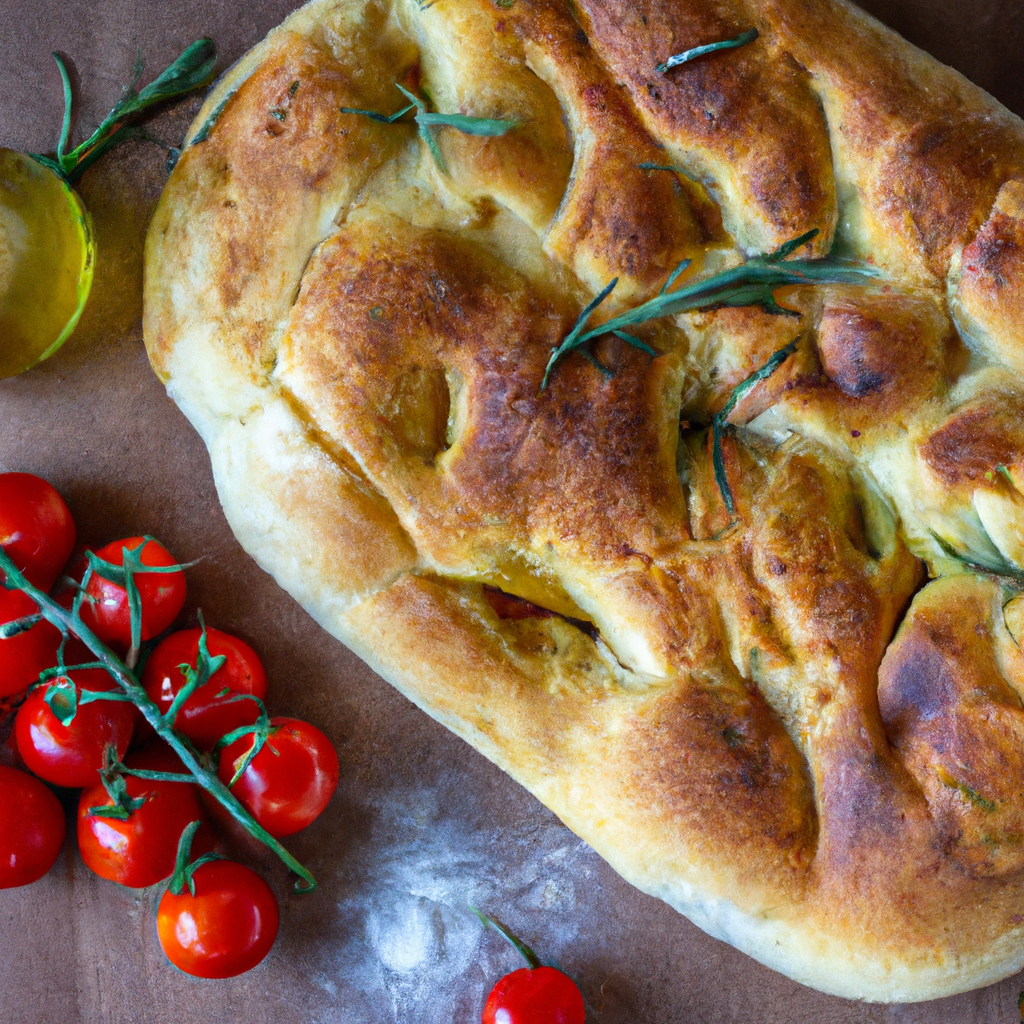 the essence of Focaccia in a single image: A rustic, golden-brown loaf, dusted with fragrant rosemary and coarse sea salt, its pillowy interior adorned with vibrant cherry tomatoes and drizzled with luscious olive oil