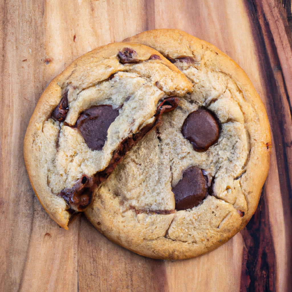 An image of a warm, freshly baked giant chocolate chunk cookie, with a golden brown crust and a soft, gooey center