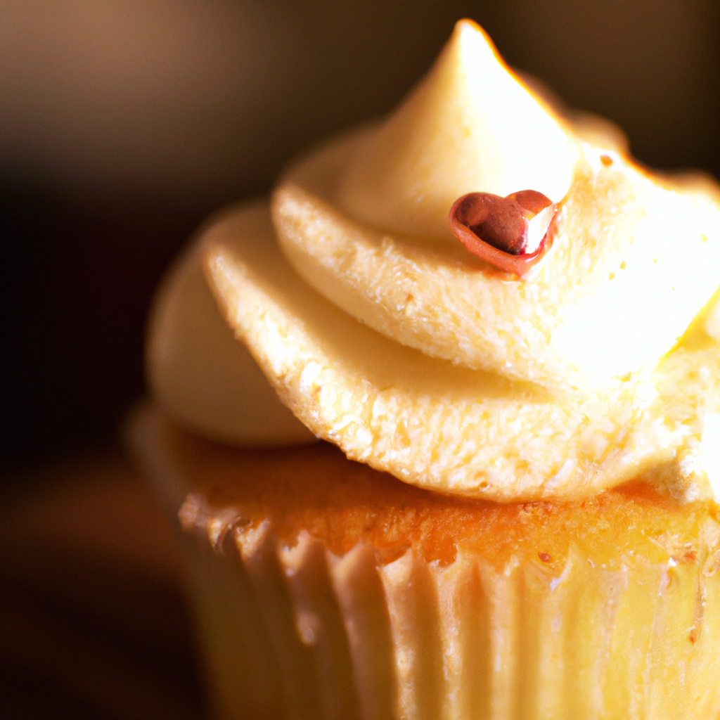 the essence of a Hidden Heart Cupcake with a close-up shot that reveals its delicate, golden-hued sponge, crowned with a velvety swirl of frosting