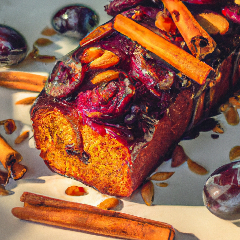 An image showcasing a luscious slice of Kerala Plum Cake, adorned with a rich caramel glaze that glistens under warm, golden sunlight, surrounded by vibrant purple plums, toasted almonds, and fragrant cinnamon sticks