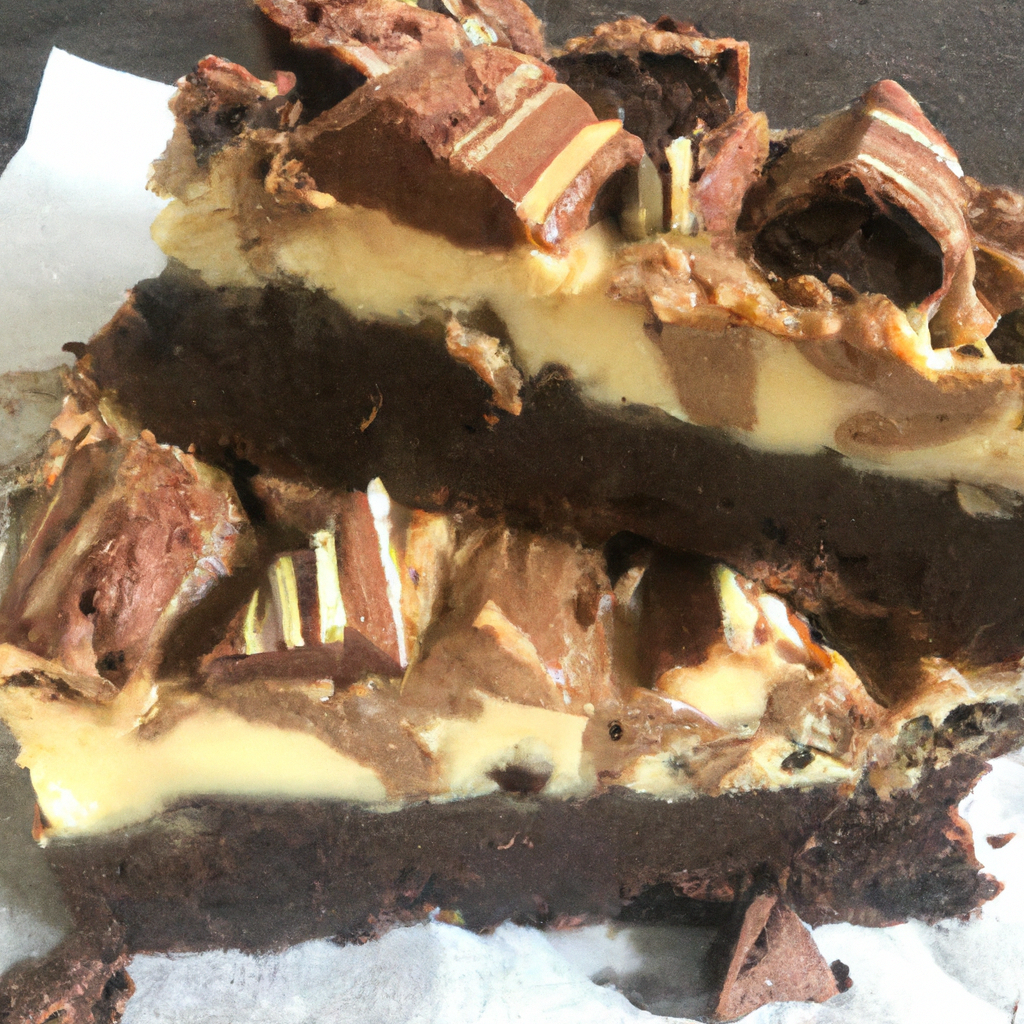 An image showcasing a luscious, fudgy brownie with a creamy and decadent layer of Kit Kat cheesecake on top
