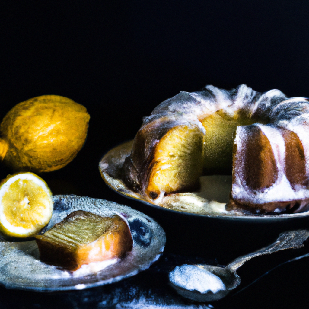 An image showcasing a perfectly golden lemon cake, adorned with a dusting of powdered sugar