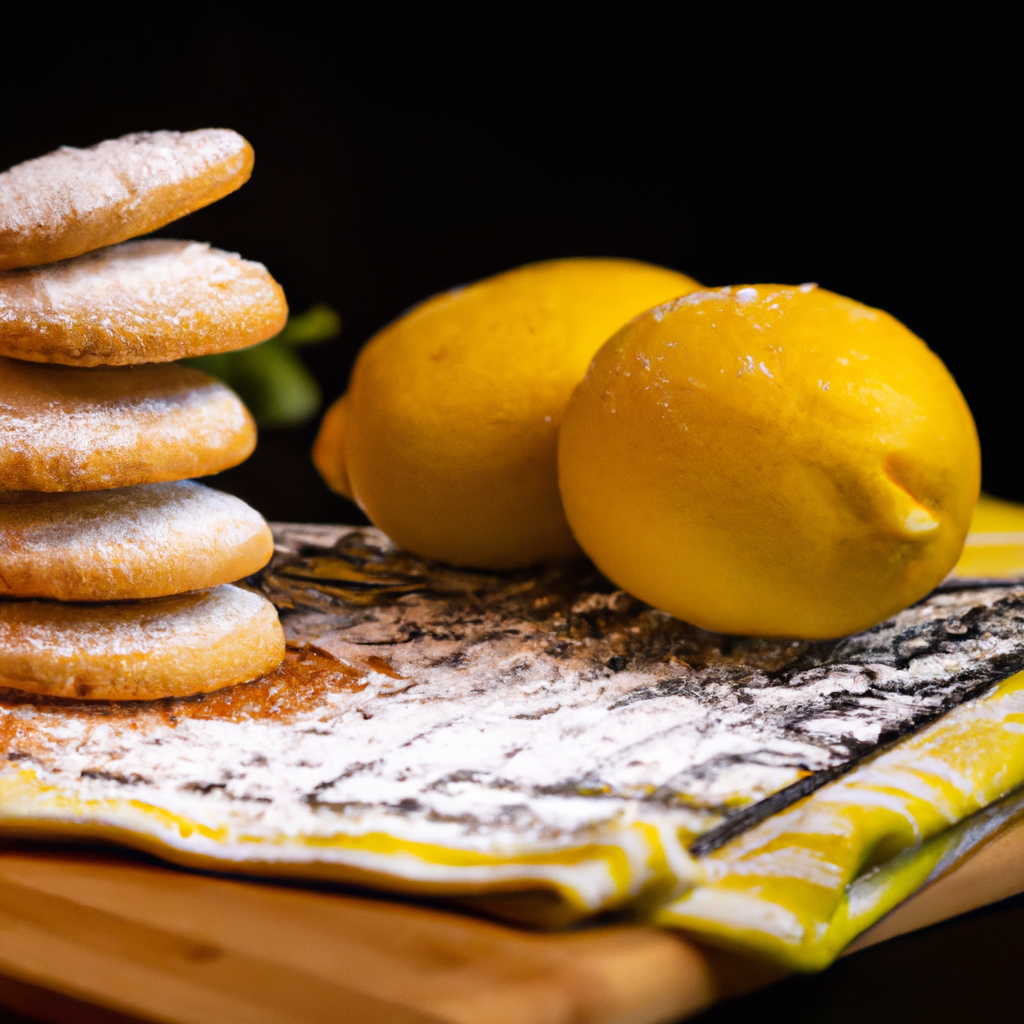 An image that showcases the golden-brown Lemon Cornmeal Cookies, their delicate texture adorned with a light dusting of powdered sugar, and a vibrant lemon wedge perched on top, exuding a tantalizing citrus aroma