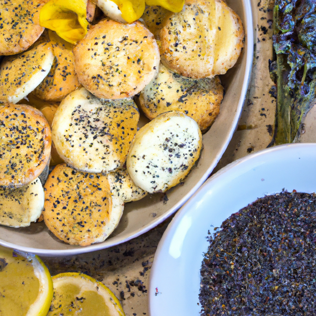 An image capturing the delicate beauty of Lemon, Lavender, and Poppy Seed Cookies, showcasing their golden-brown edges, adorned with vibrant yellow zest, fragrant lavender buds, and a sprinkle of black poppy seeds