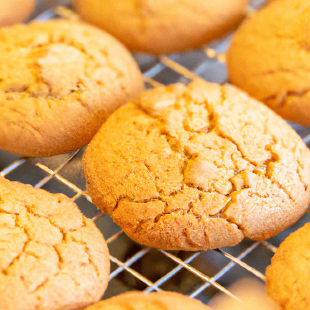 An image of freshly baked macadamia and ginger cookies cooling on a wire rack, their golden-brown edges glistening, while a delicate wisp of steam rises, filling the frame with their irresistible aroma