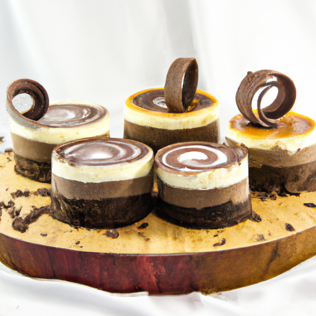 An image showcasing a platter of luscious mini chocolate swirled cheesecakes, each with a velvety smooth texture and a decadent blend of dark and white chocolate, adorned with delicate chocolate shavings