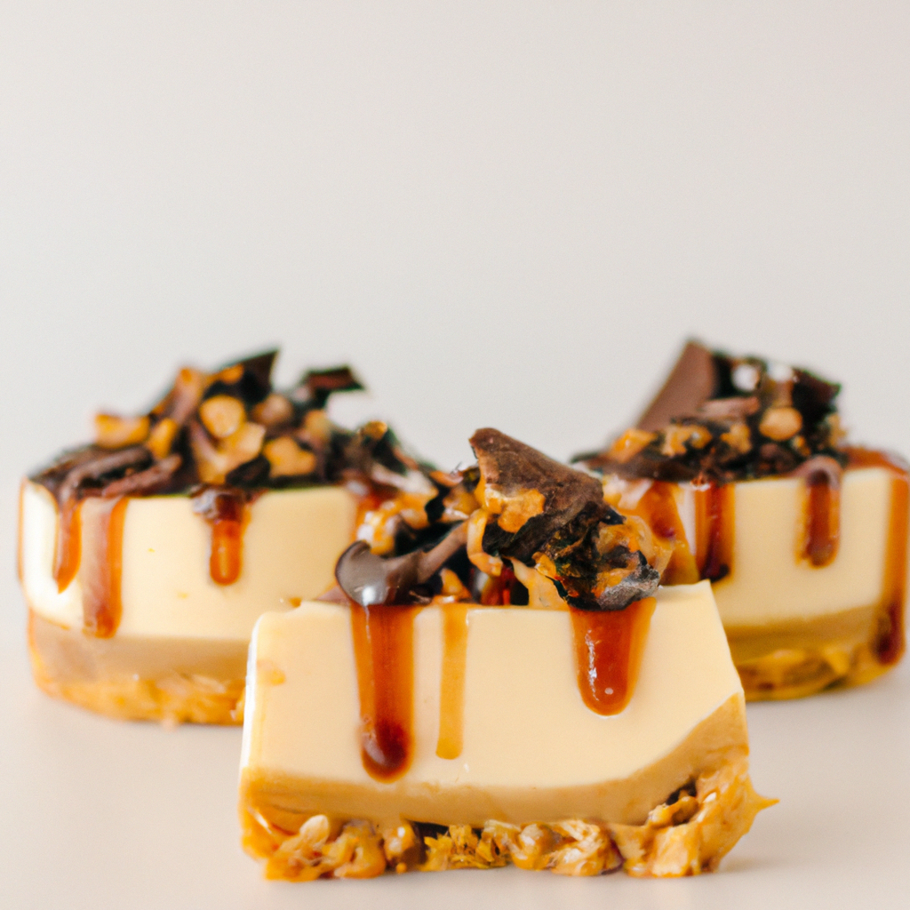 the indulgence of mini peanut butter cheesecakes: a tantalizing vision of velvety, cream cheese filling enveloped in a buttery graham cracker crust, crowned with a luscious layer of peanut butter and garnished with delicate chocolate drizzle