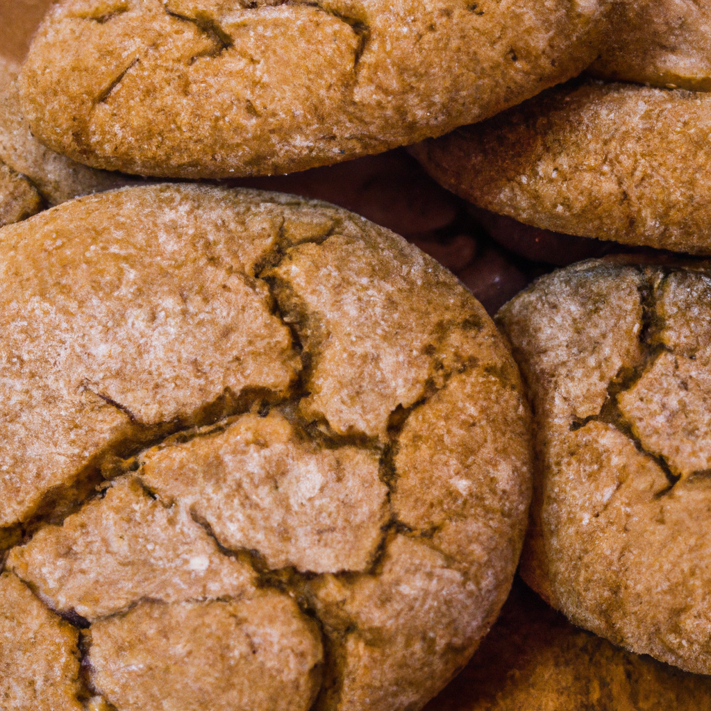 An image capturing the warm golden-brown molasses cookies, fresh out of the oven, with crackled sugary tops, revealing their soft, chewy centers
