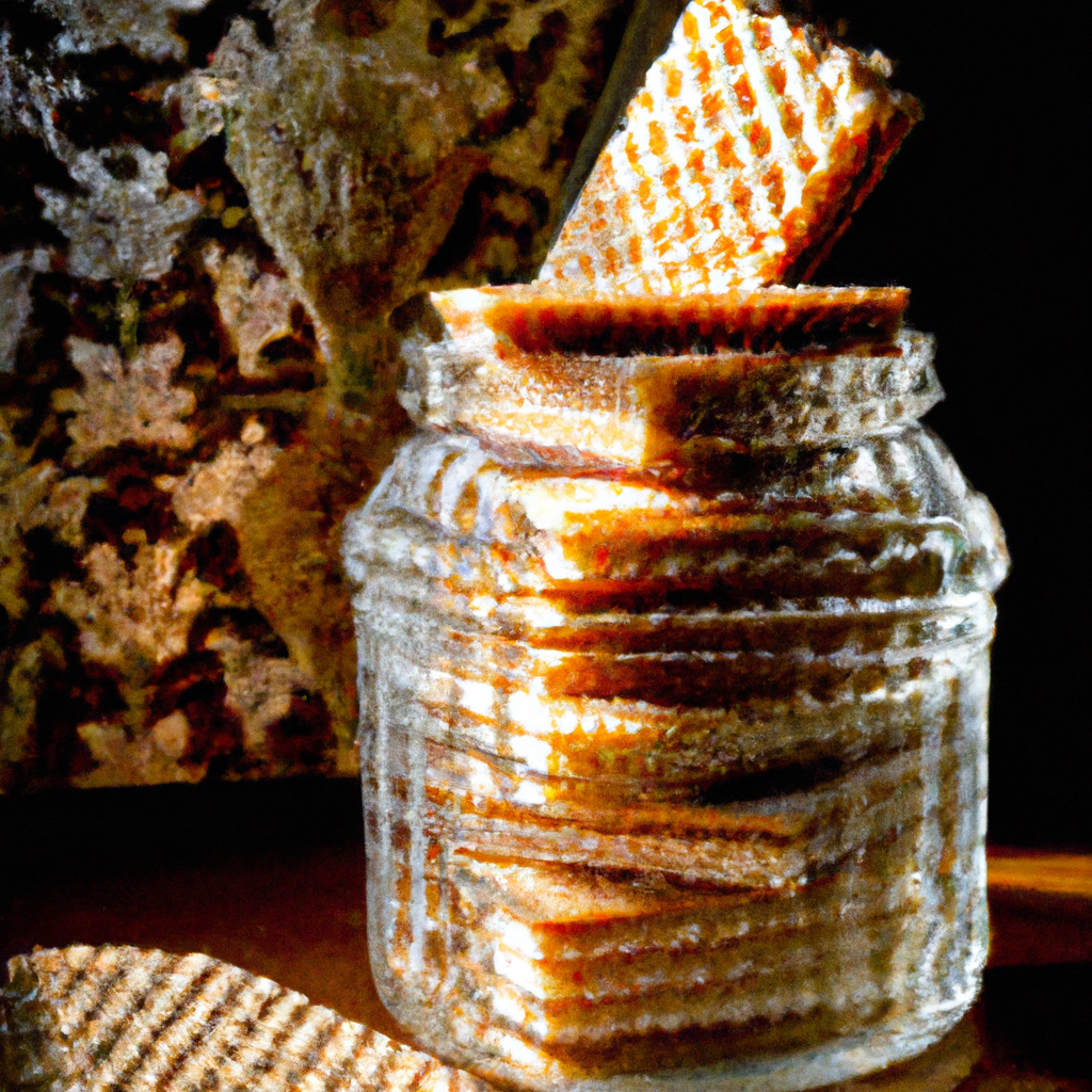 An image capturing the delicate, golden-brown Moravian Wafers in a vintage glass jar, adorned with intricate, embossed patterns