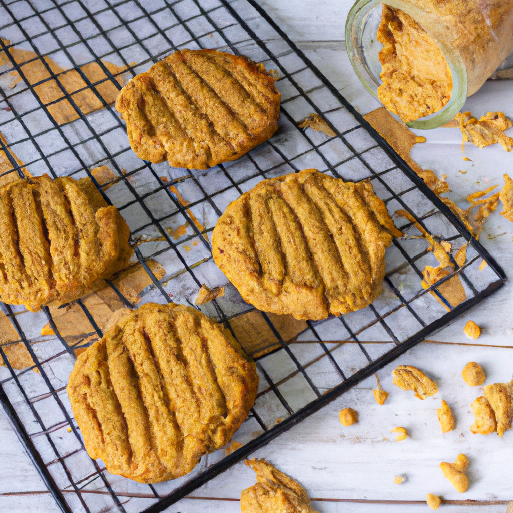 An image capturing the irresistible allure of freshly baked oatmeal peanut butter cookies: a golden-brown batch cooling on a wire rack, their soft, chewy centers peeking through, surrounded by scattered oats and a jar of creamy peanut butter