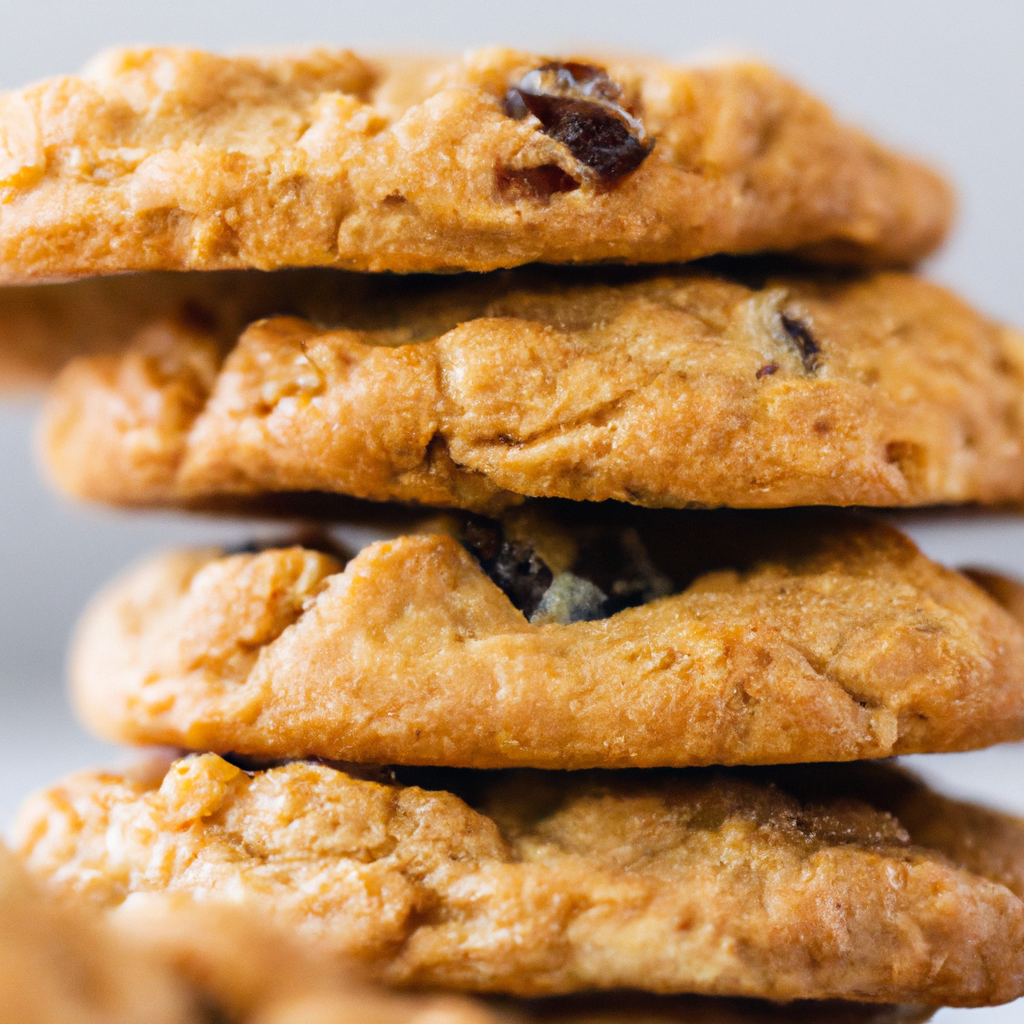 the warm golden-brown oatmeal raisin cookies fresh out of the oven, their delicate surfaces adorned with plump raisins and a hint of cinnamon, inviting you to indulge in their soft, chewy perfection