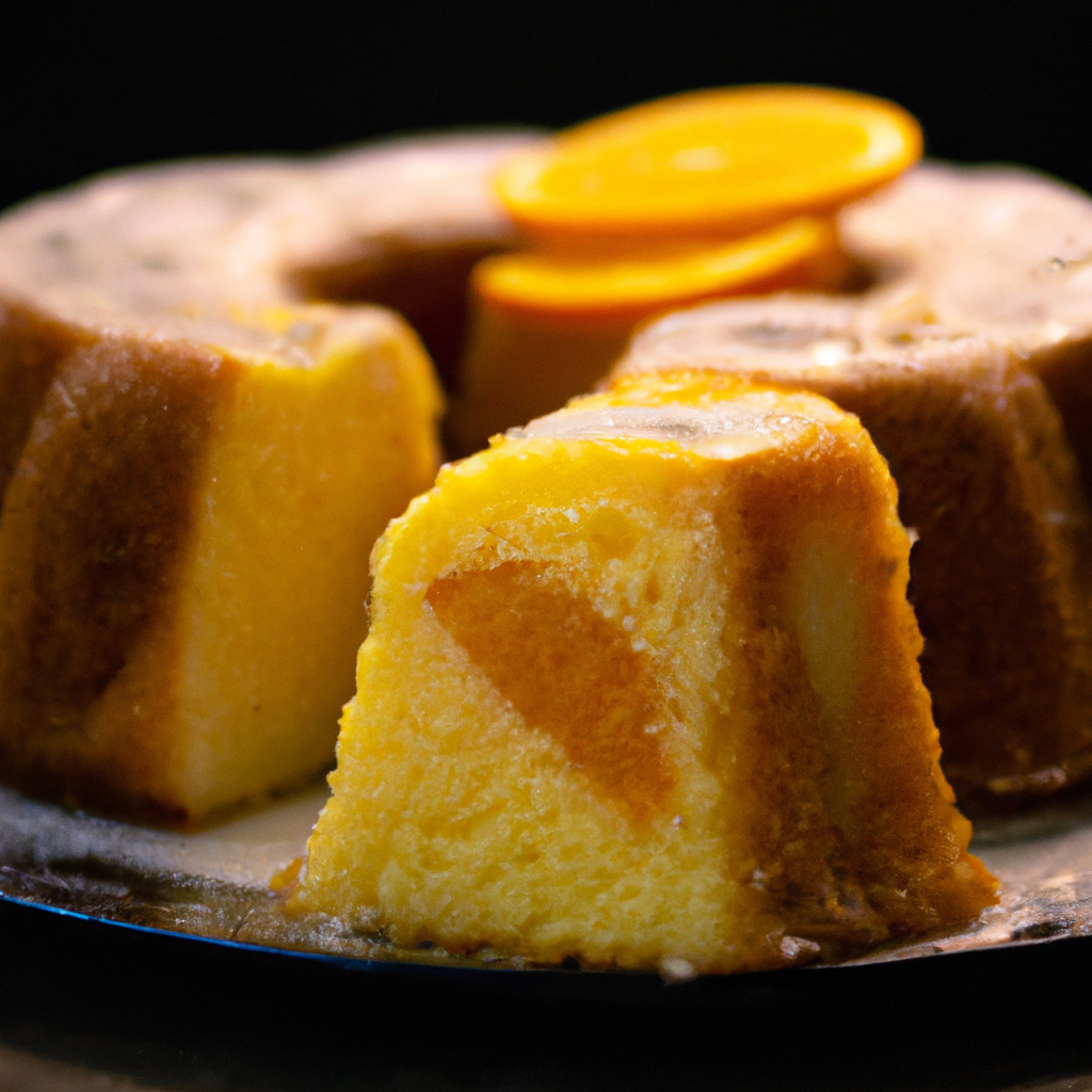 An image showcasing a luscious orange pudding cake, its golden crust delicately cracked, revealing a moist and vibrant interior