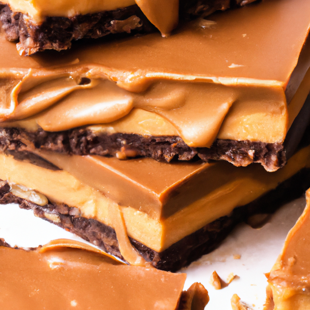 An image showcasing a stack of luscious peanut butter bars, their velvety brown crusts glistening in the sunlight, with a generous drizzle of melted chocolate cascading down their edges
