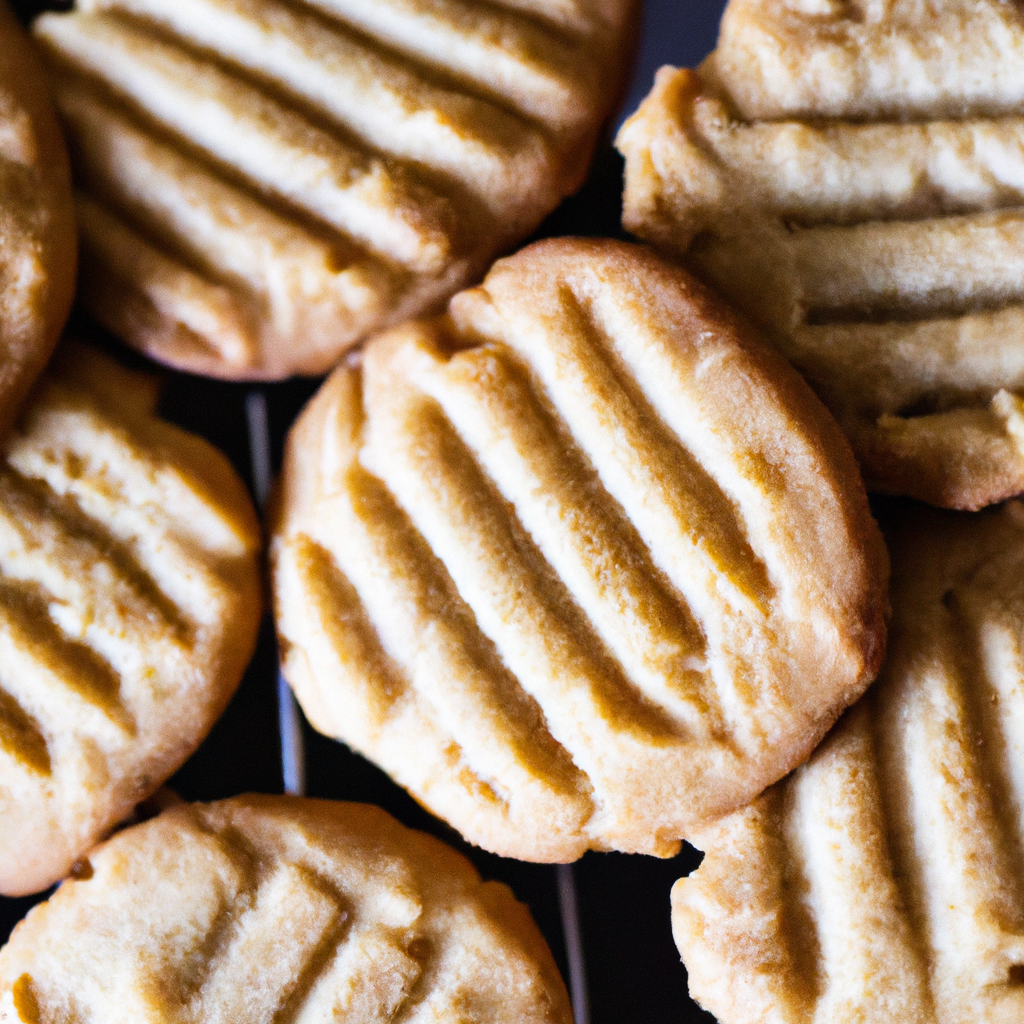 An image capturing the warm, golden-brown peanut butter cookies fresh out of the oven, with a delicate crisscross pattern on their tops, releasing a tantalizing aroma that fills the air