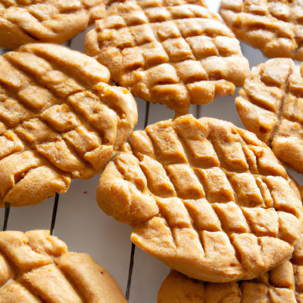 An image showcasing a batch of freshly baked peanut butter crunch cookies cooling on a wire rack