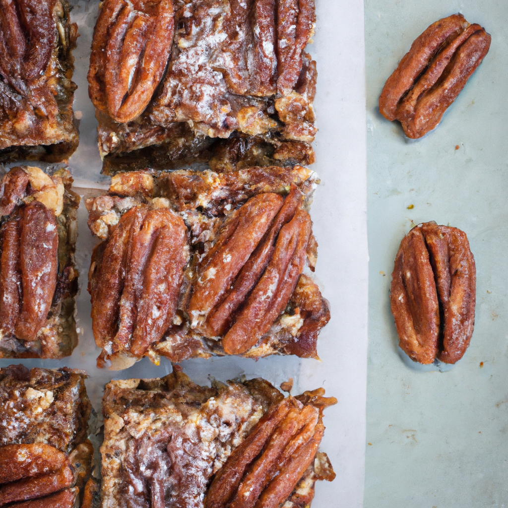 An image that showcases the irresistible allure of homemade pecan date bars: A golden-brown crust crumbles lightly beneath a generous layer of caramelized dates, adorned with a sprinkling of toasted pecans