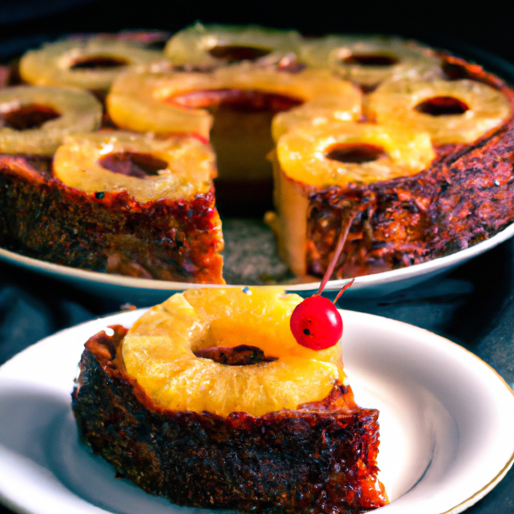 An image capturing the rustic charm of a homemade pineapple upside-down cake