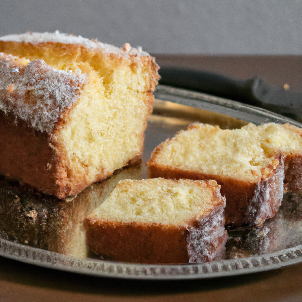 An image of a golden-brown pound cake, delicately sliced, unveiling its moist, tender crumb