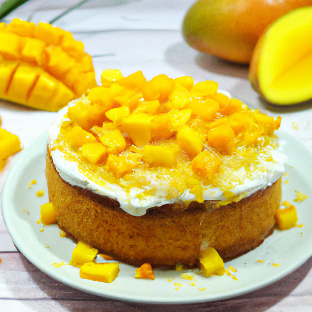 An image showcasing a luscious pressure cooker mango cake, its golden-brown crust adorned with delicate slices of fresh mango