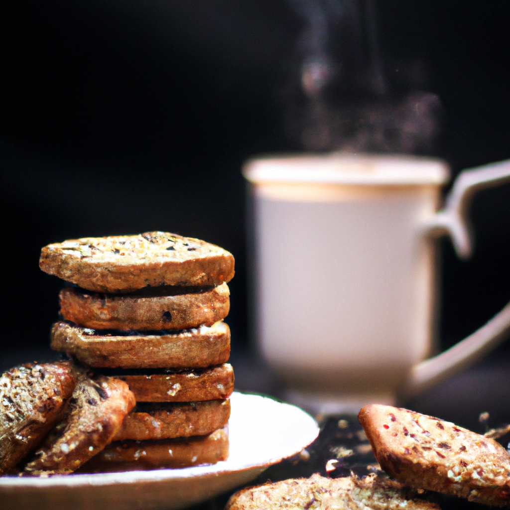 An image showcasing a freshly baked batch of golden-brown Ragi Biscuits, adorned with a delightful crumbly texture and a sprinkle of toasted sesame seeds, accompanied by a cup of steaming masala chai