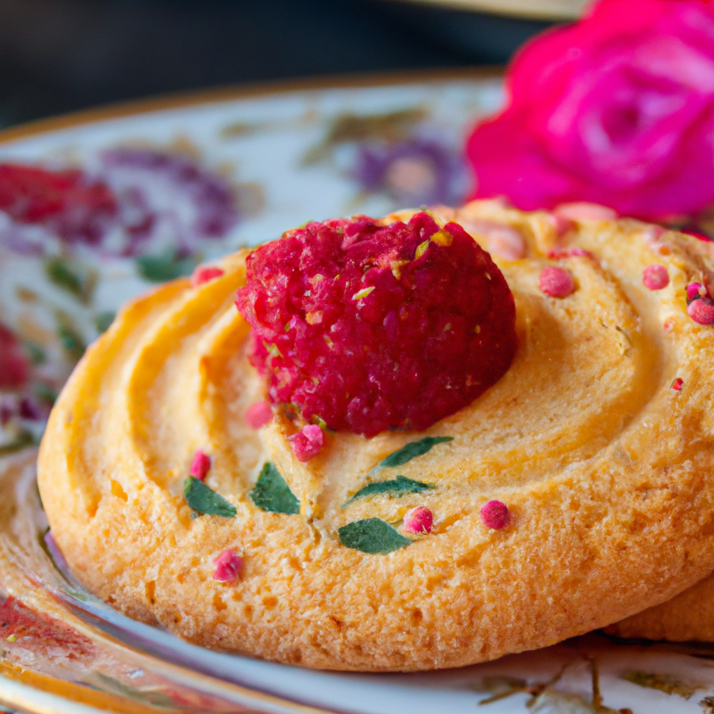 An image showcasing a golden-brown almond shortbread cookie, crumbly and buttery, topped with vibrant, jewel-like raspberries that glisten in the sunlight, invitingly nestled on a delicate floral-patterned plate