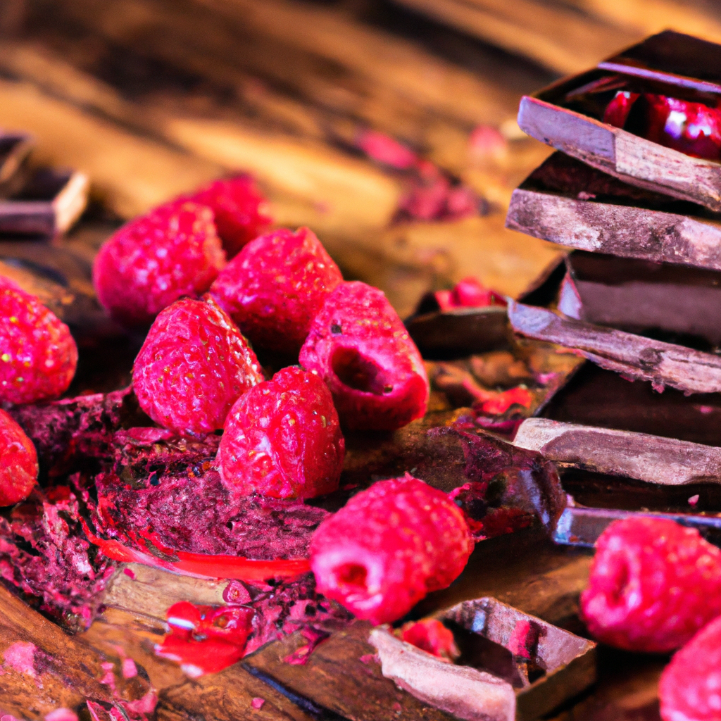 An image showcasing luscious Raspberry Chocolate Bars on a rustic wooden table, drizzled with glossy dark chocolate, surrounded by vibrant red raspberries, and scattered with crushed cocoa nibs for added texture and indulgence