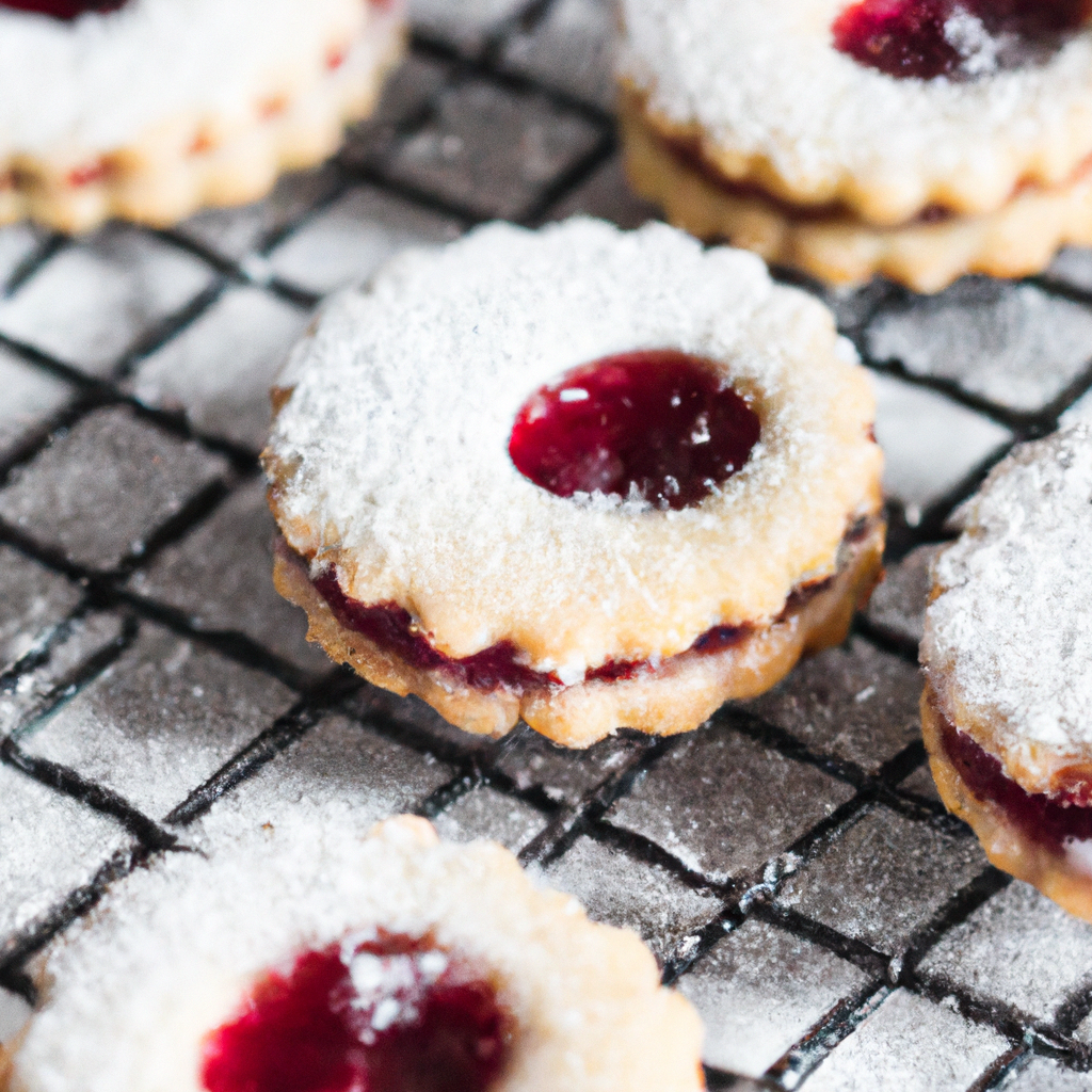 An image showcasing a batch of homemade Raspberry Linzer Windowpane Cookies, with their golden-brown buttery crusts dusted in powdered sugar, revealing a vibrant raspberry jam filling peeking through the delicate cookie lattice