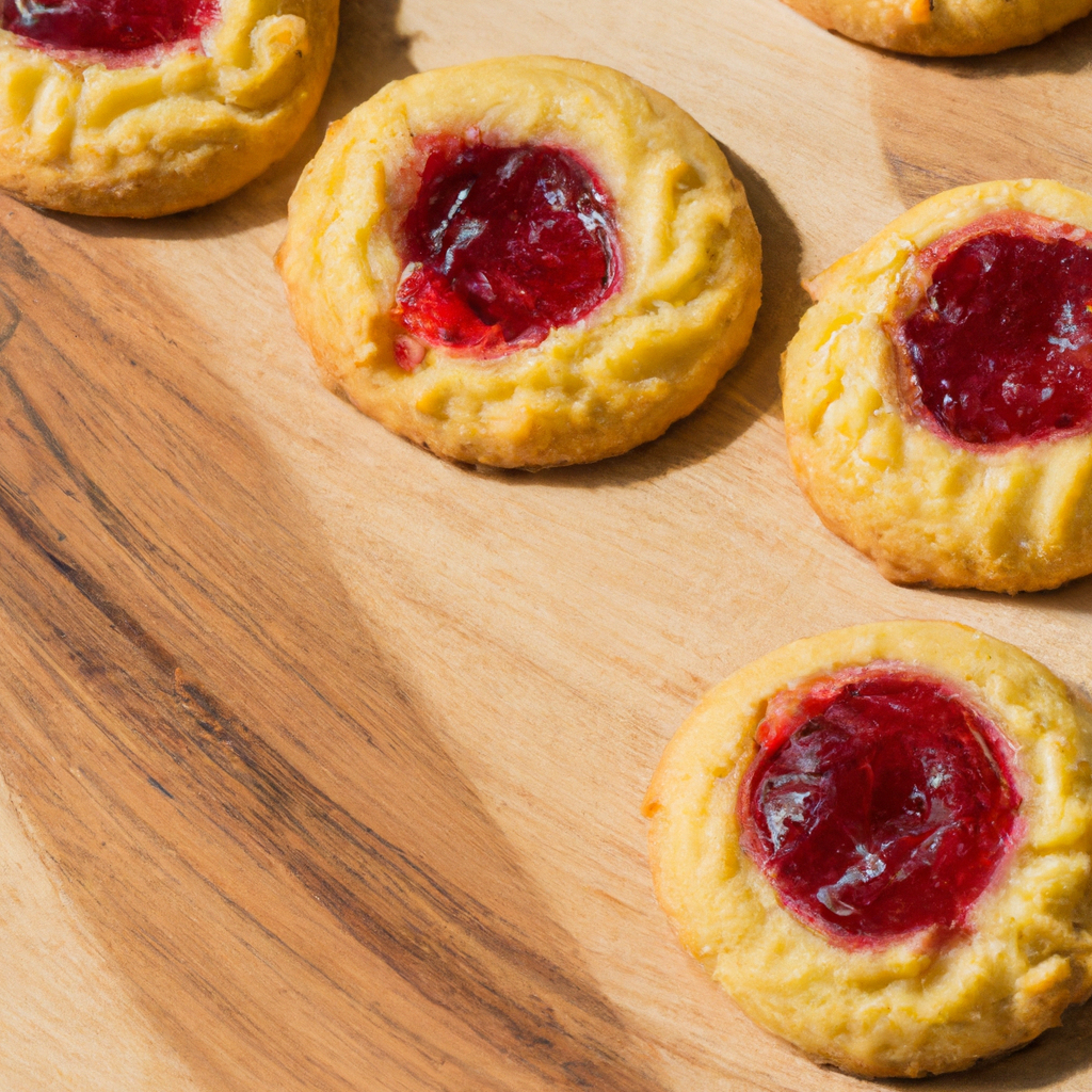 An image showcasing a dozen crumbly, golden-brown Raspberry Thumbprint Cookies arranged on a rustic wooden board