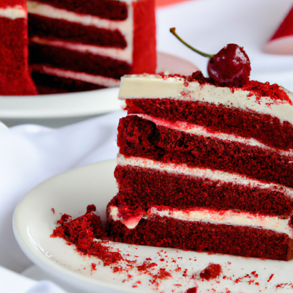 An enticing image showcasing a luscious slice of homemade red velvet cake with velvety cream cheese frosting, adorned with delicate red velvet crumbs and topped with a vibrant red cherry