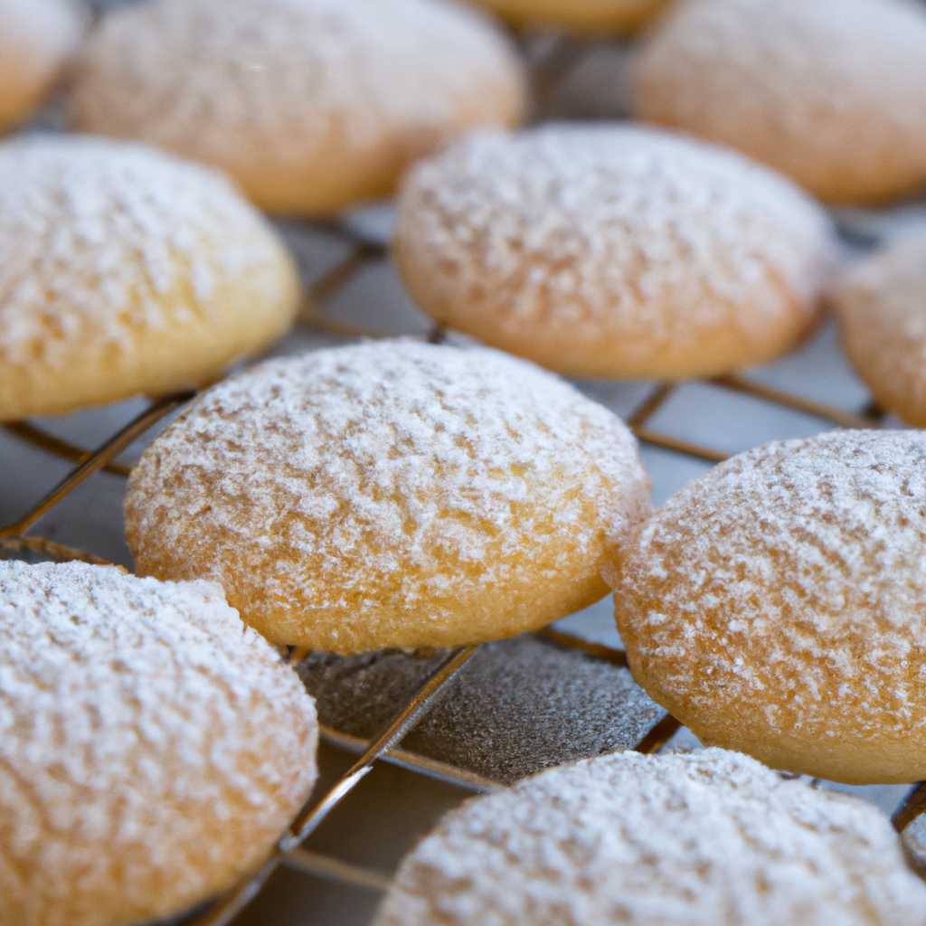 An image of freshly baked spiced vanilla cookies cooling on a wire rack, their golden edges and crackled tops glistening in the soft sunlight
