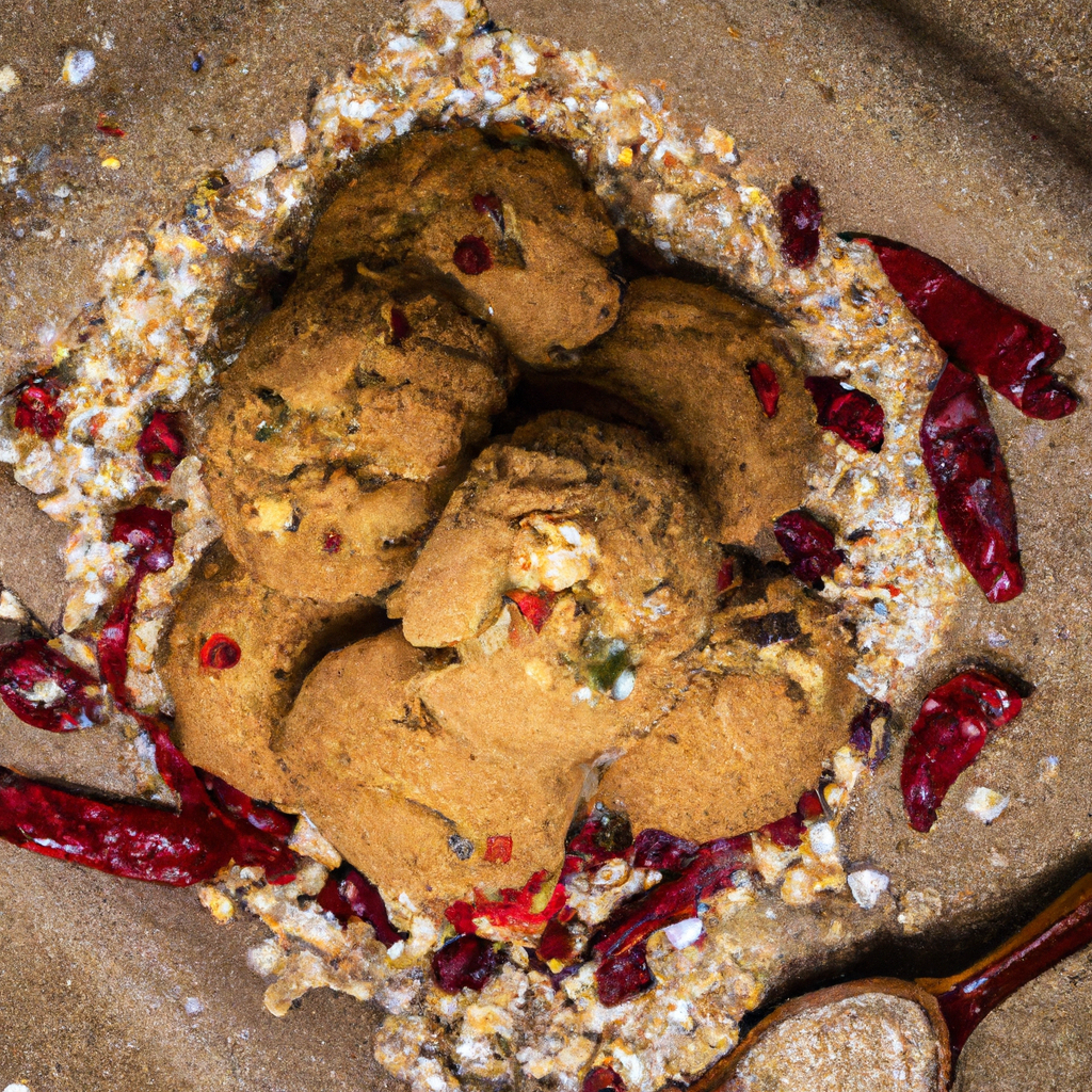 An image of golden-brown oatmeal cookies, delicately sprinkled with fiery red chili flakes
