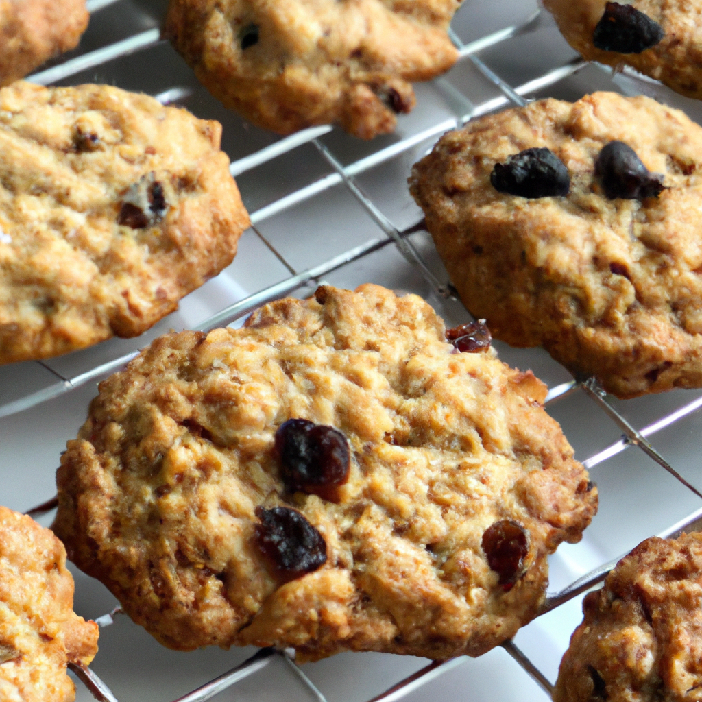 An image showcasing freshly baked, golden-brown Spicy Oatmeal Raisin Cookies cooling on a wire rack
