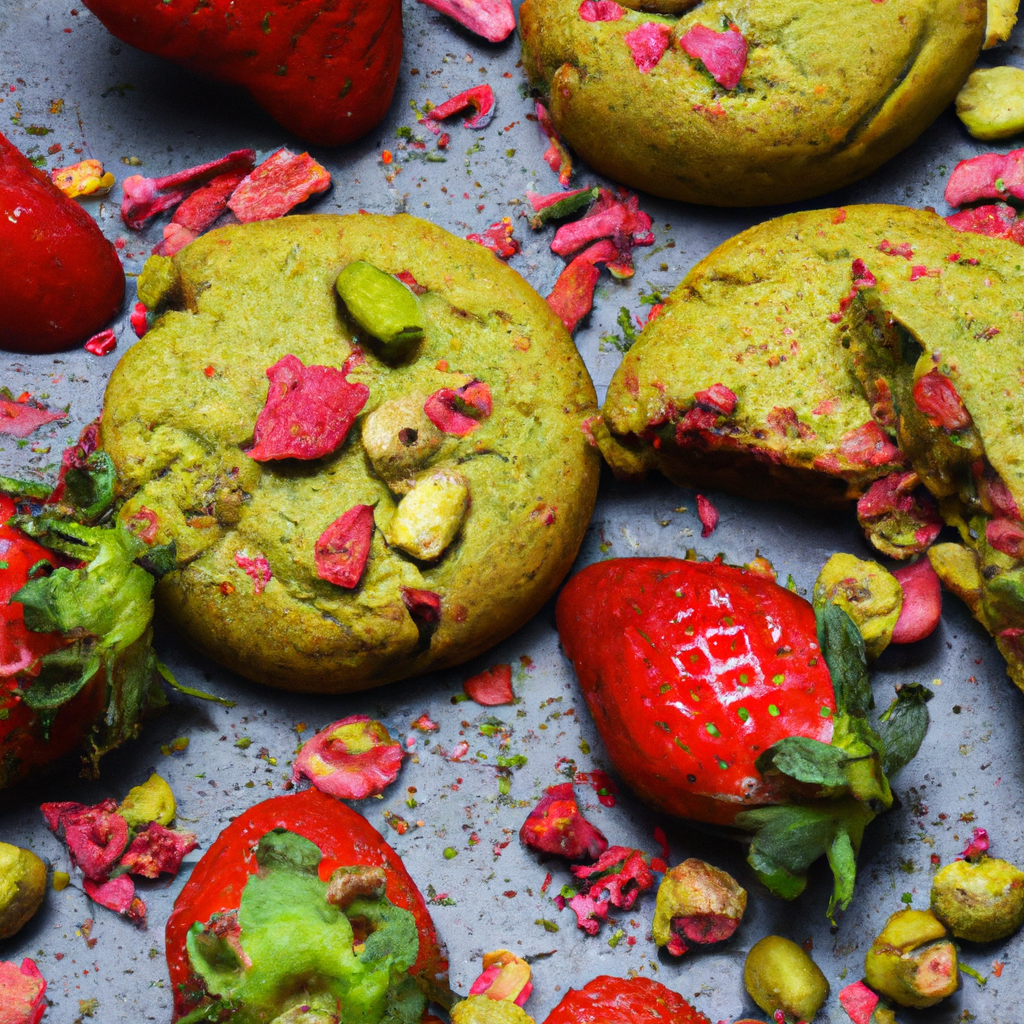 An image showcasing irresistible strawberry, black pepper, and pistachio cookies