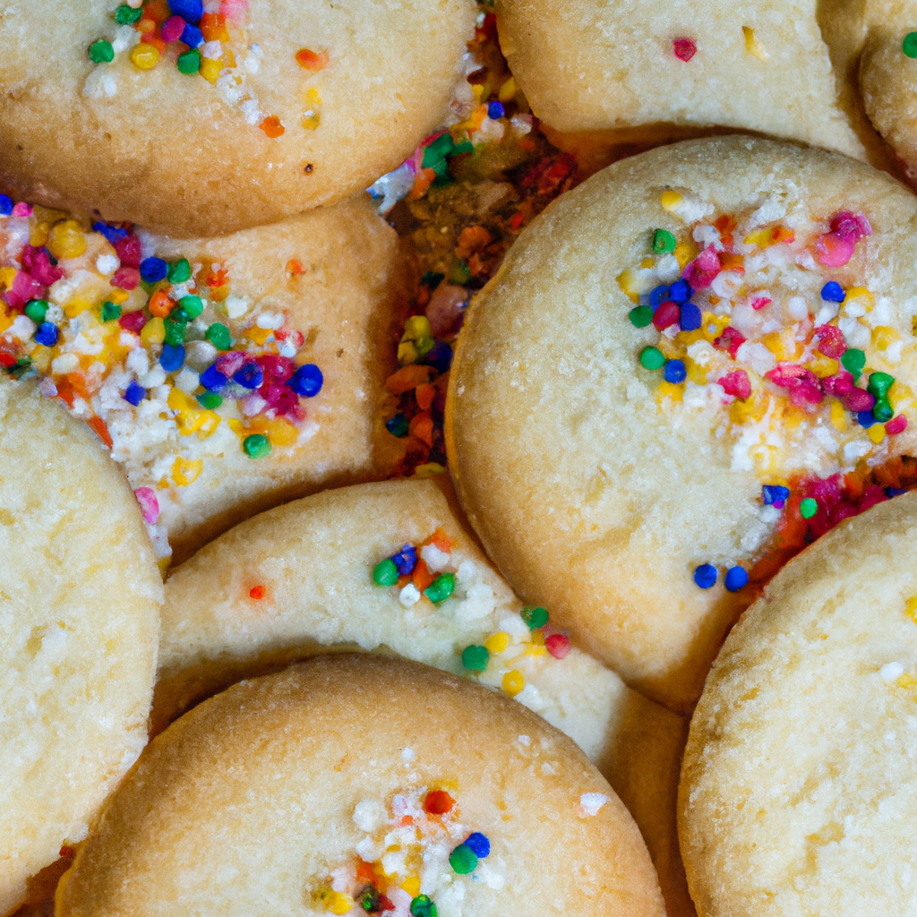 An image featuring a freshly baked batch of sugar cookies, golden and perfectly round, adorned with colorful sprinkles that glisten under the warm sunlight, inviting the viewer to indulge in their sweet and delicate aroma