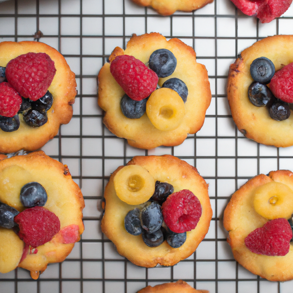 An image showcasing a batch of golden-brown cookies, adorned with vibrant chunks of tart raspberries, juicy blueberries, and sweet chunks of pineapple, enticingly nestled on a cooling rack