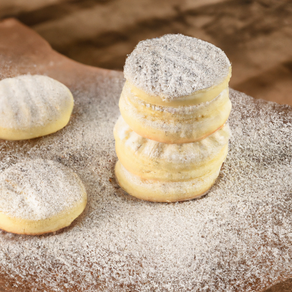 An image depicting a stack of golden, crumbly vanilla bean shortbread cookies, dusted with a delicate layer of powdered sugar