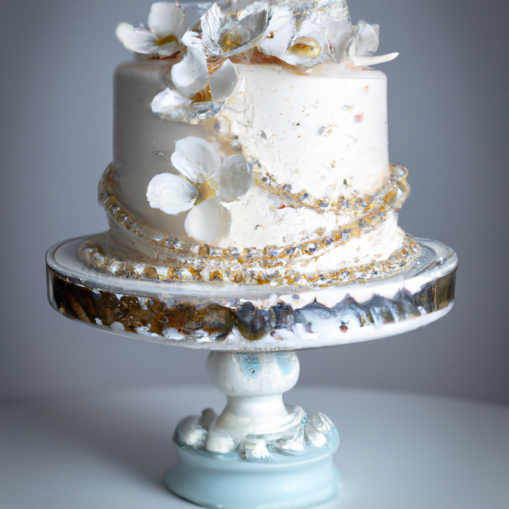 An image showcasing a fluffy white cake with smooth, velvety buttercream frosting, delicately adorned with edible pearls and shimmering sugar flowers, sitting on a vintage cake stand