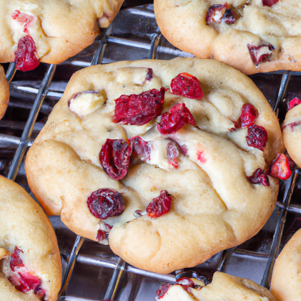-up shot of freshly baked white chocolate and cranberry cookies cooling on a wire rack, showcasing their golden edges and soft, chewy centers