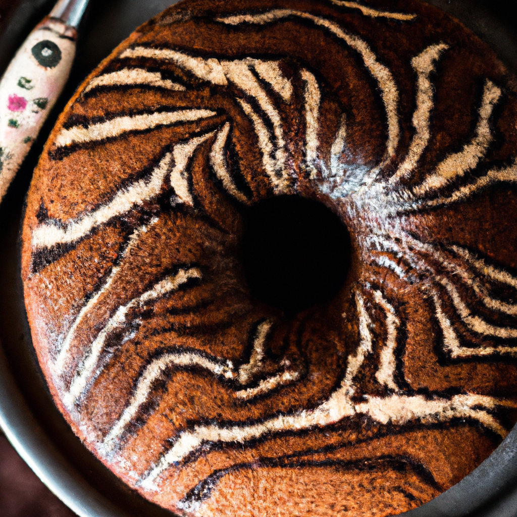 An image that captures the exquisite beauty of a freshly baked zebra cake, showcasing its alternating layers of rich, dark chocolate and velvety vanilla, beautifully swirled together to create a mesmerizing pattern
