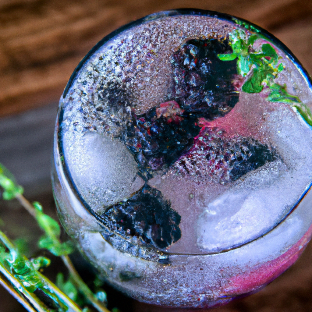 Shing blackberry thyme fizz with vibrant purple-black berries, fresh green thyme sprigs, effervescent bubbles, served in a clear glass with ice cubes, against a rustic wooden background, with natural light highlighting the drink