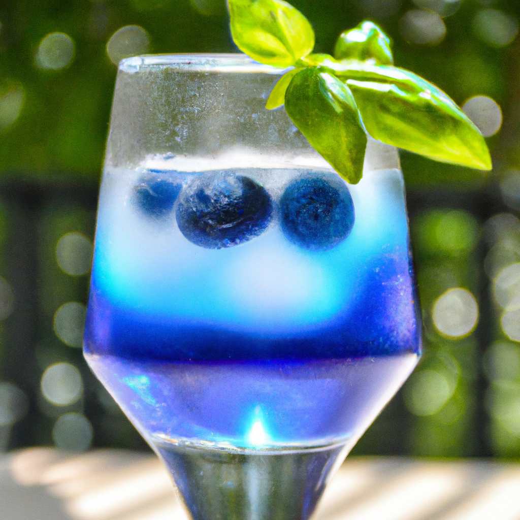 Shing glass filled with a vibrant blue drink, topped with fresh blueberries and basil leaves, ice cubes clinking, with a sunlit background of a summer garden