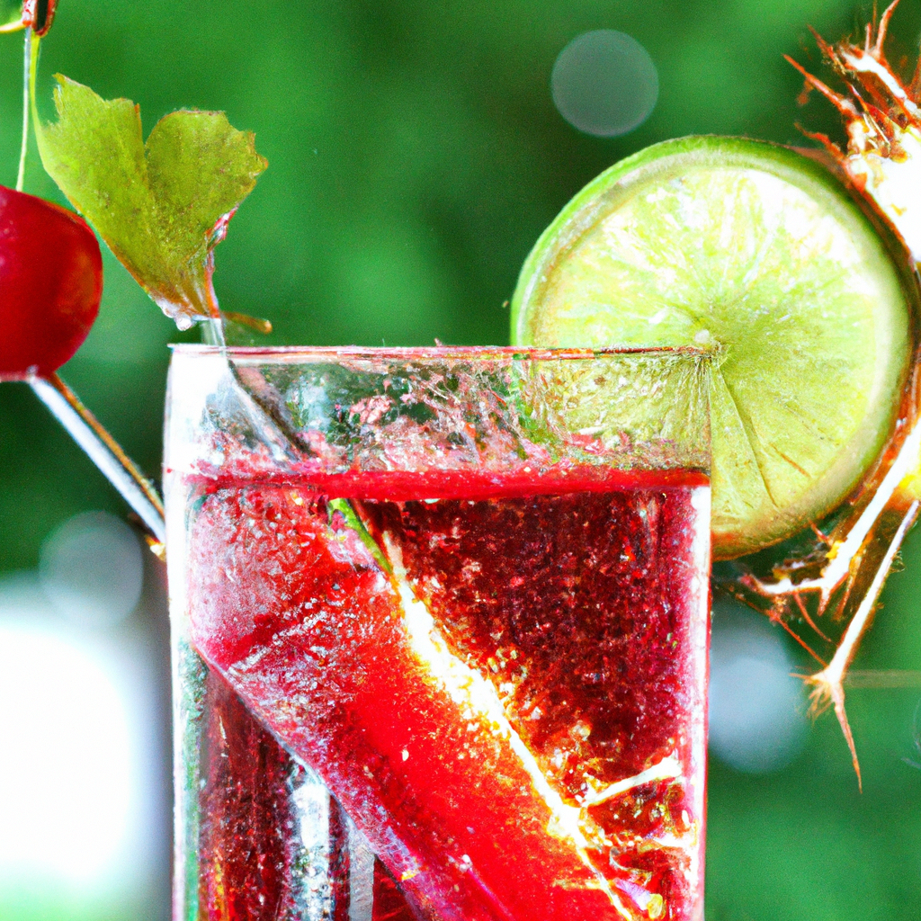 Shing glass of cherry limeade sparkler with vibrant red cherries, lime slices, and sparkling bubbles, set against a summery background with fresh green leaves and a sunny atmosphere