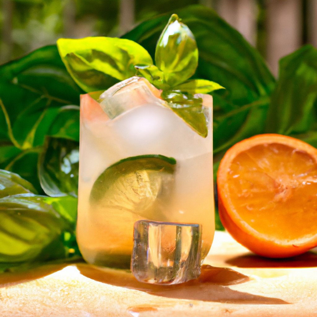 Nt glass of Citrus Basil Refresher with fresh lemon, lime, and orange slices, sprigs of basil, ice cubes glistening, set on a rustic wooden table with a sunlit background of lush greenery